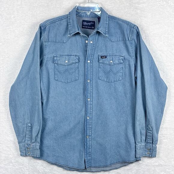 Wrangler Mens XXL Blue Heavy Thick Denim Pearl Snap Western Cowboy Rodeo Shirt - Picture 3 of 9